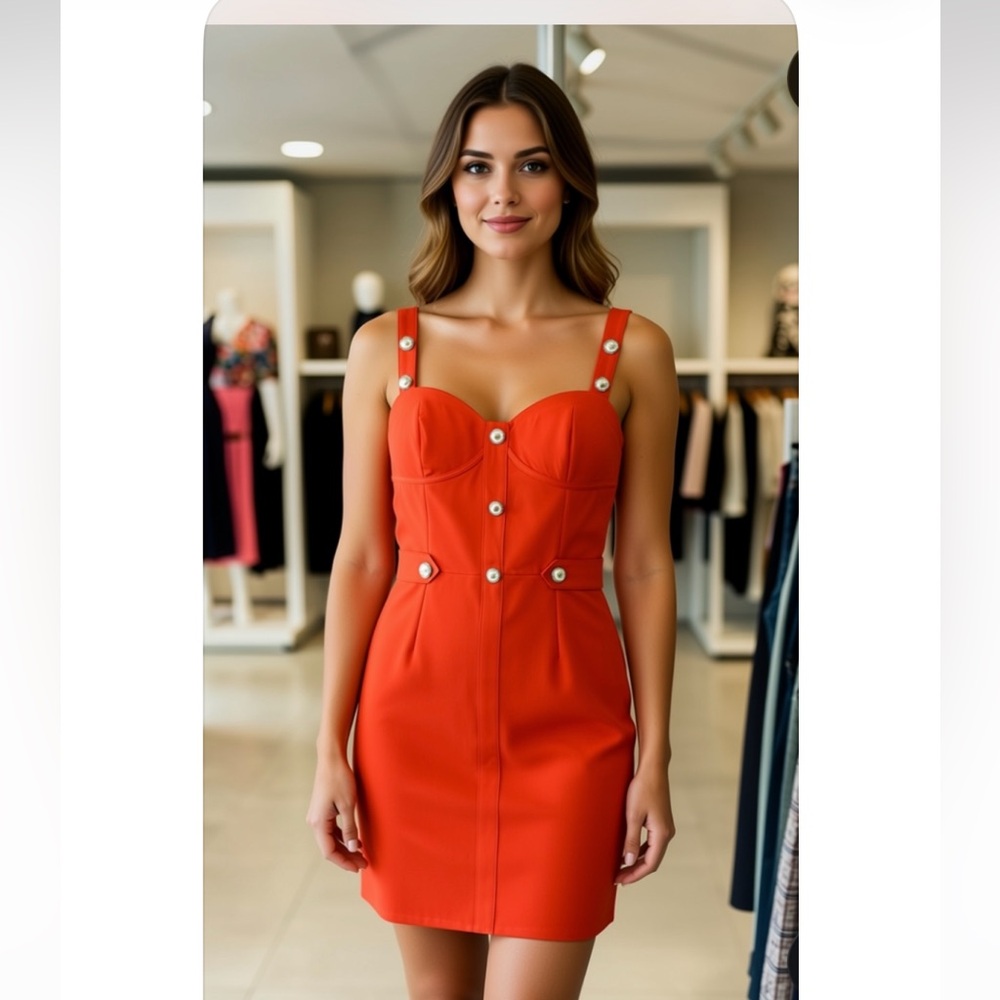 Marvell Fitted Coral Red Button-Detail Mini Dress